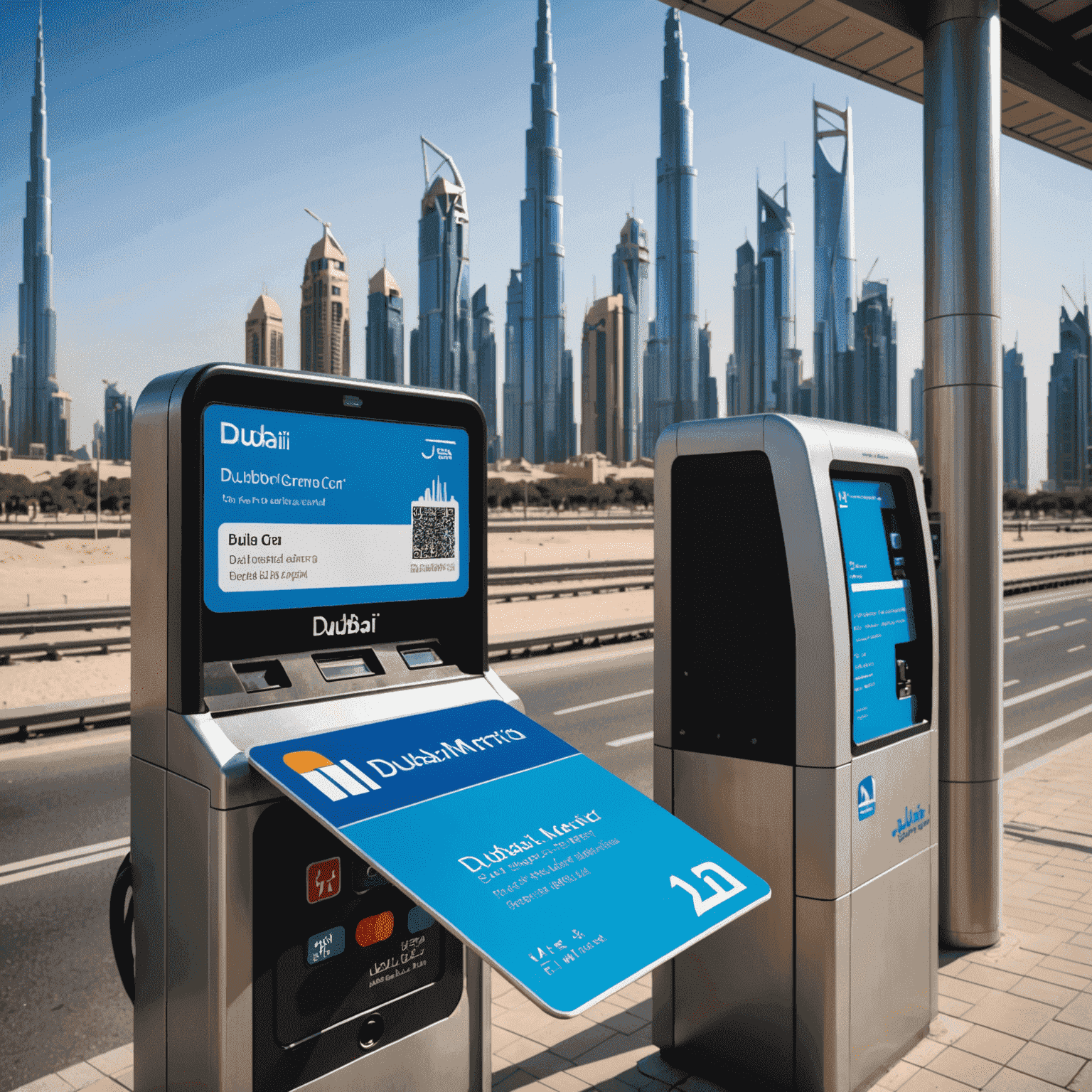 Dubai Metro card being recharged at a kiosk, with the iconic Dubai skyline in the background