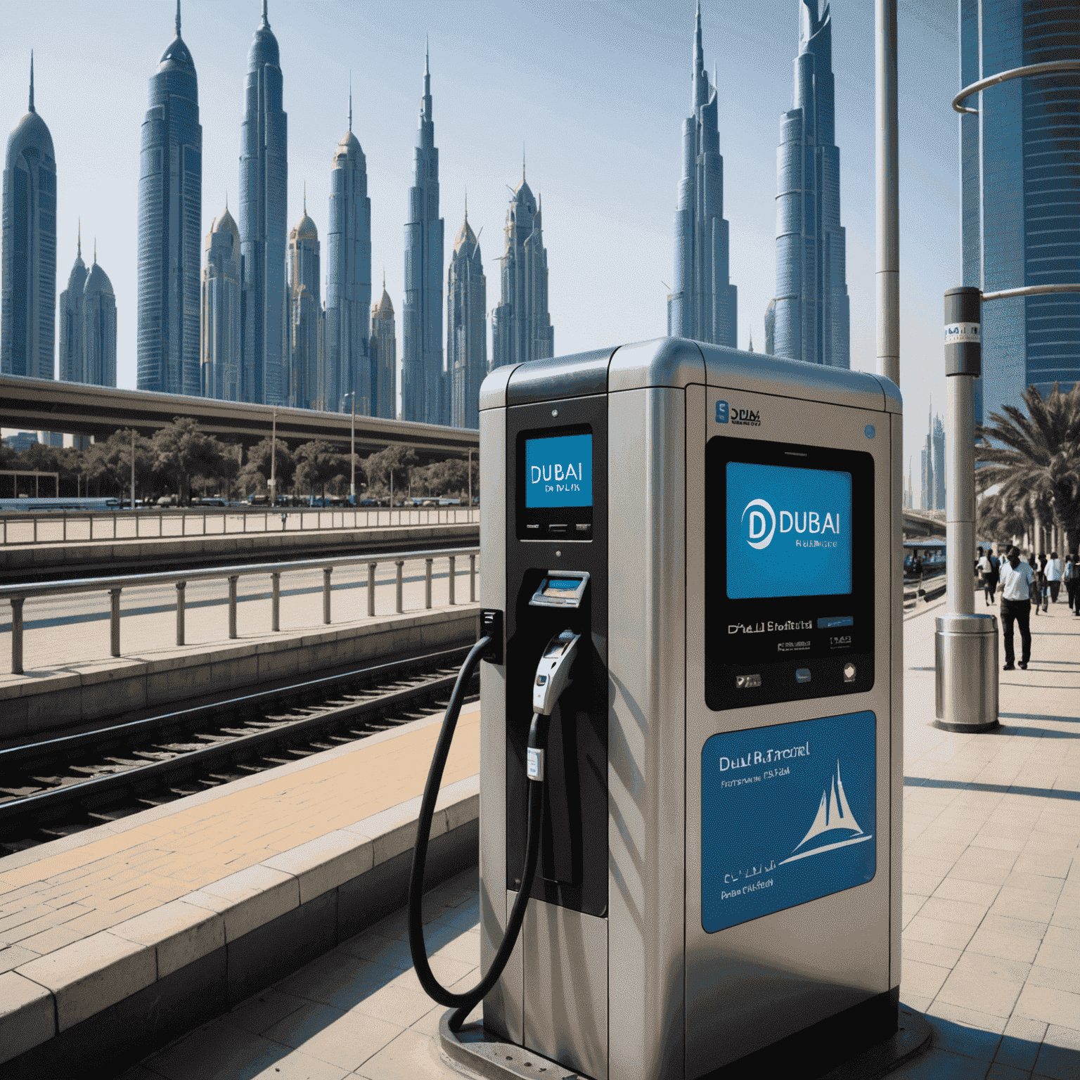 A Dubai Metro card being recharged at a kiosk, with the iconic Dubai skyline in the background