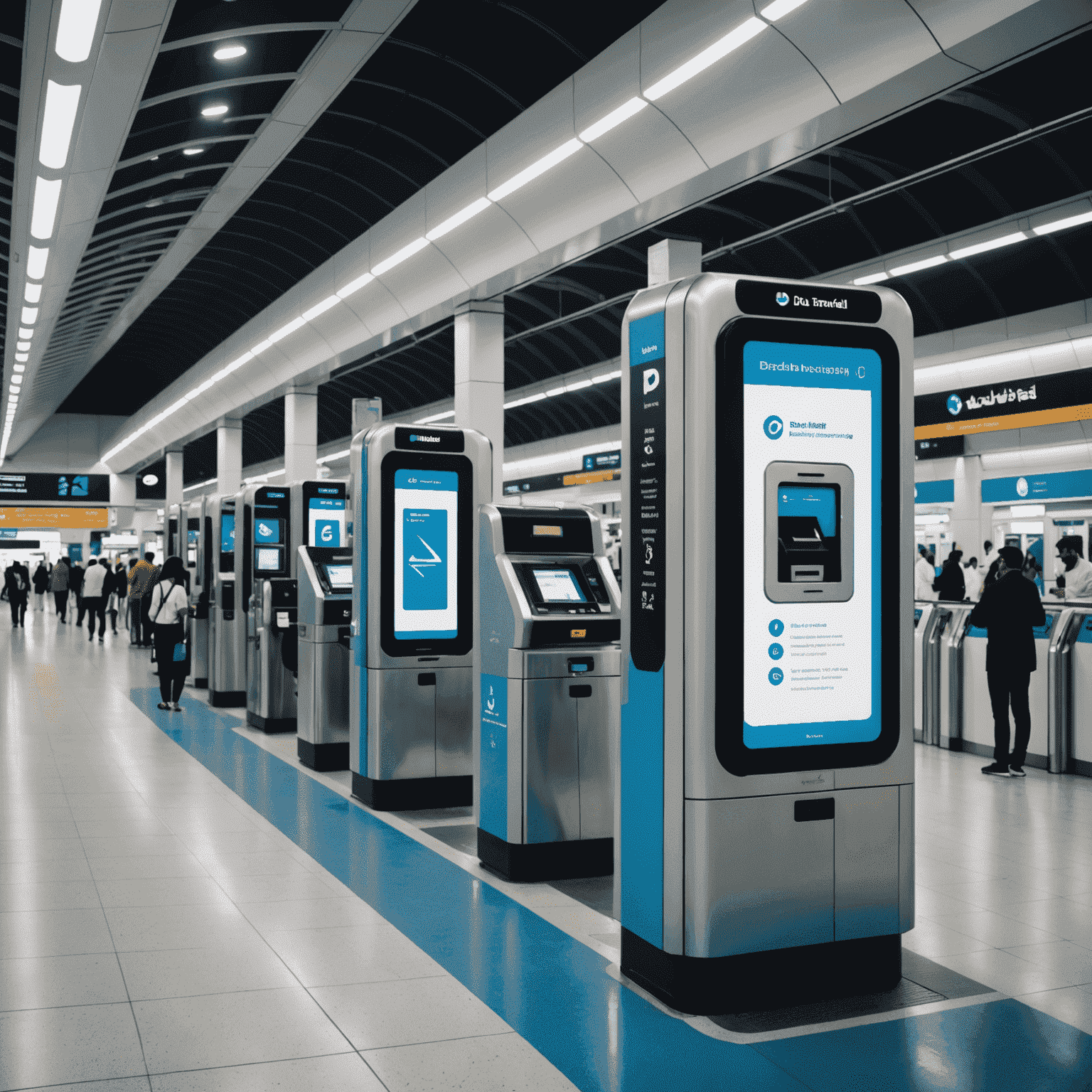 Dubai Metro station with people recharging their cards at kiosks