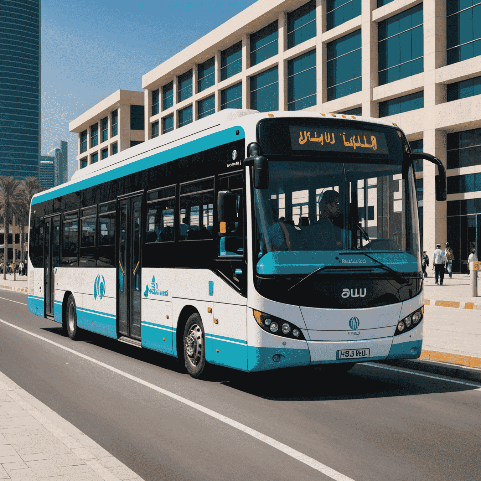 Abu Dhabi public bus with passengers boarding, showcasing the modern transportation system