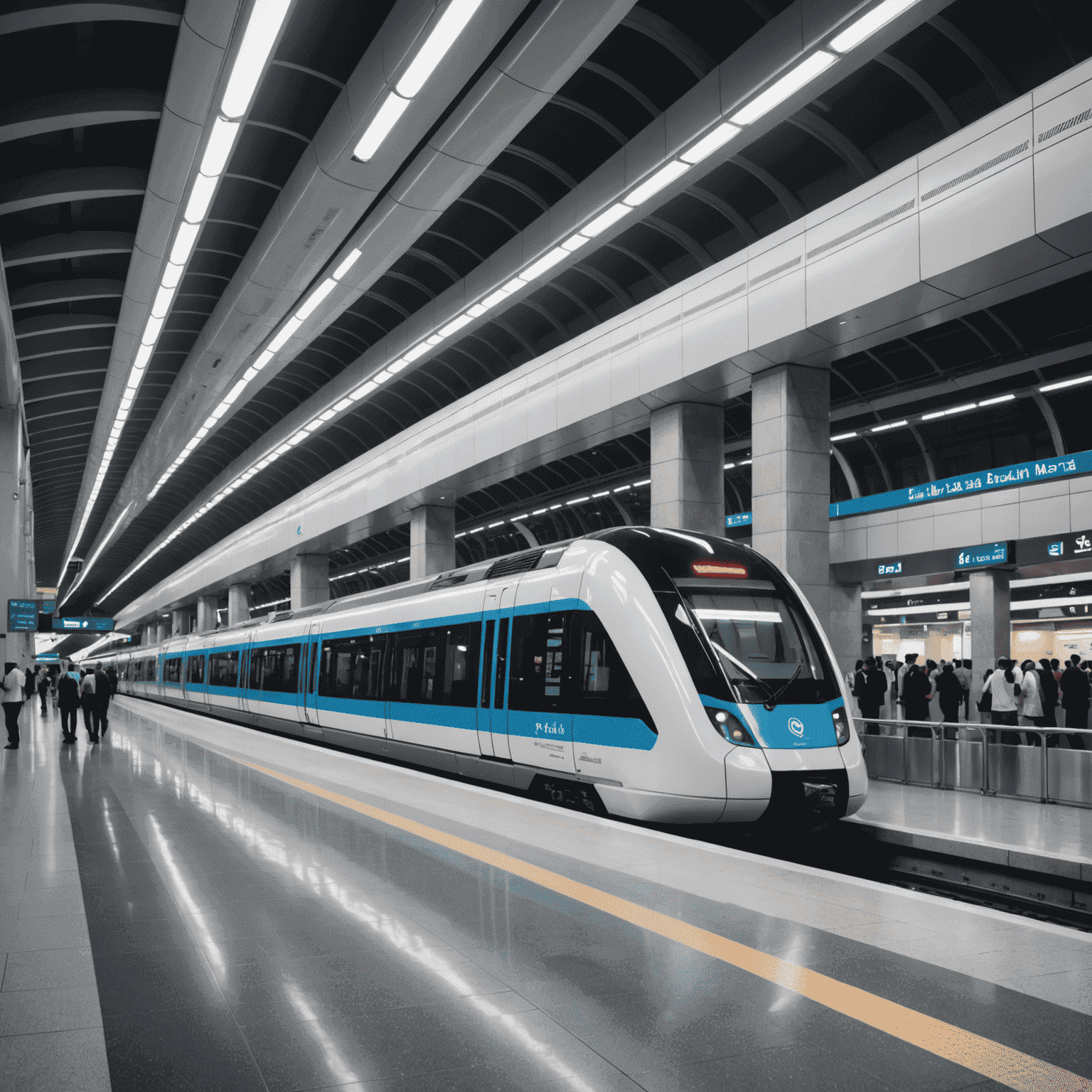 A modern Dubai metro train arriving at a sleek, futuristic station with passengers waiting on the platform