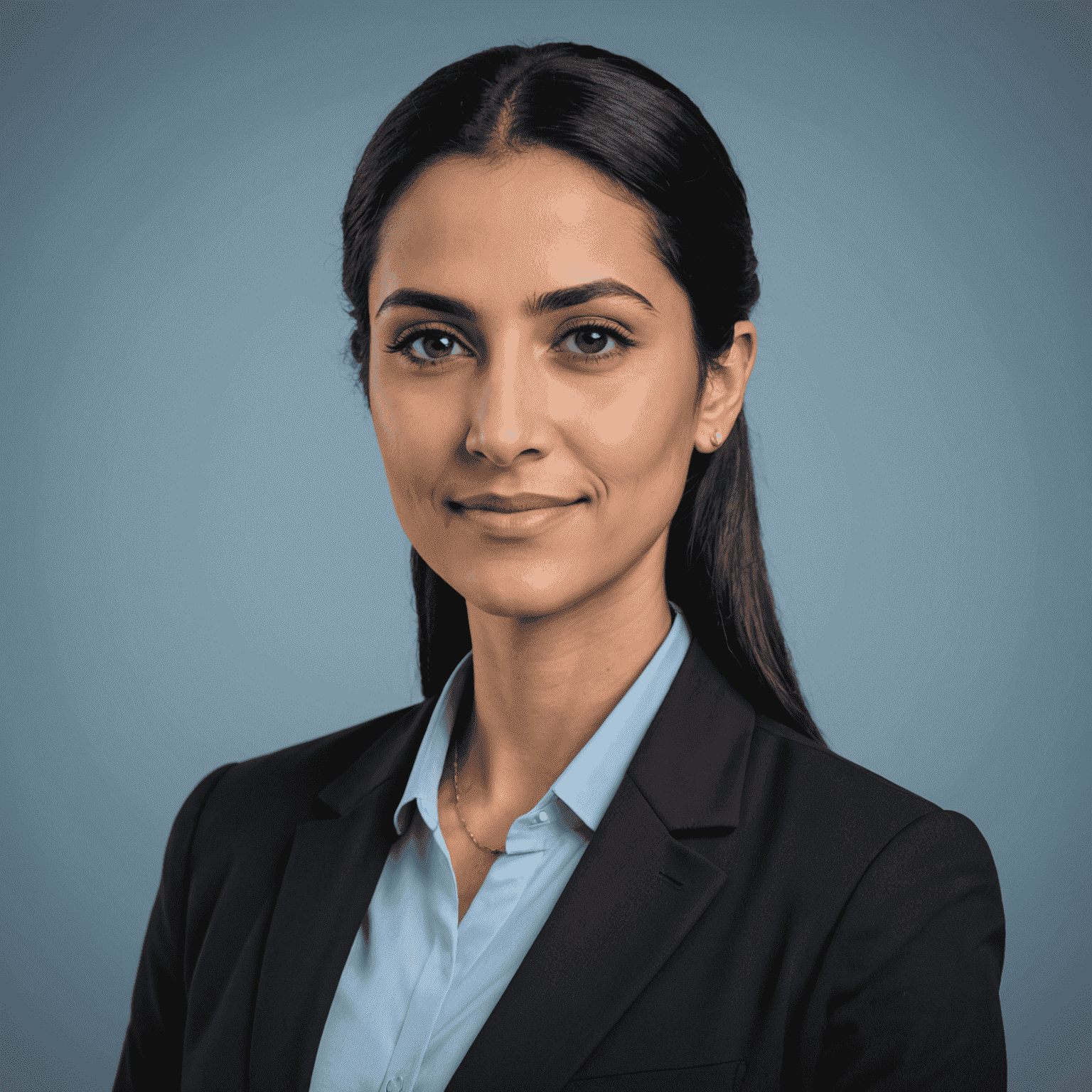 Portrait of Fatima Al-Hashemi, CTO of TransportService. She is a young woman in her early 30s with long black hair tied back, wearing a professional black blazer over a light blue blouse. She has a confident and tech-savvy appearance.