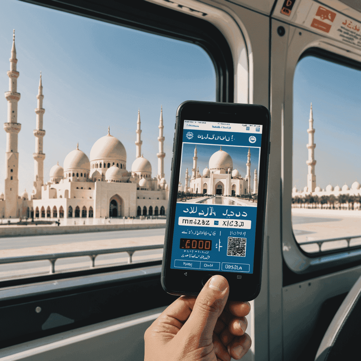 Abu Dhabi bus pass being scanned on a bus, with the Sheikh Zayed Mosque visible through the window