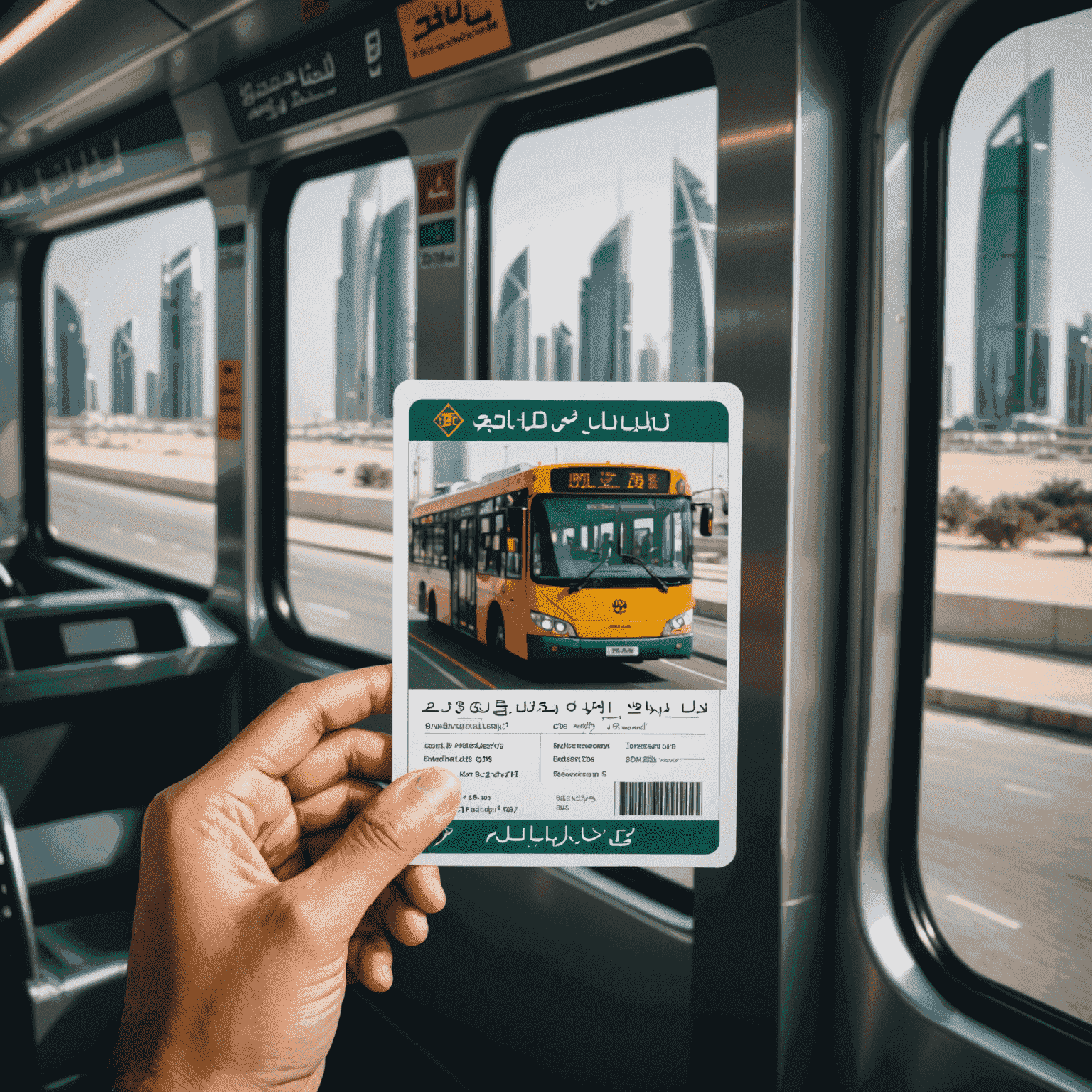 An Abu Dhabi bus pass being scanned on a bus, with the city's modern architecture visible through the window