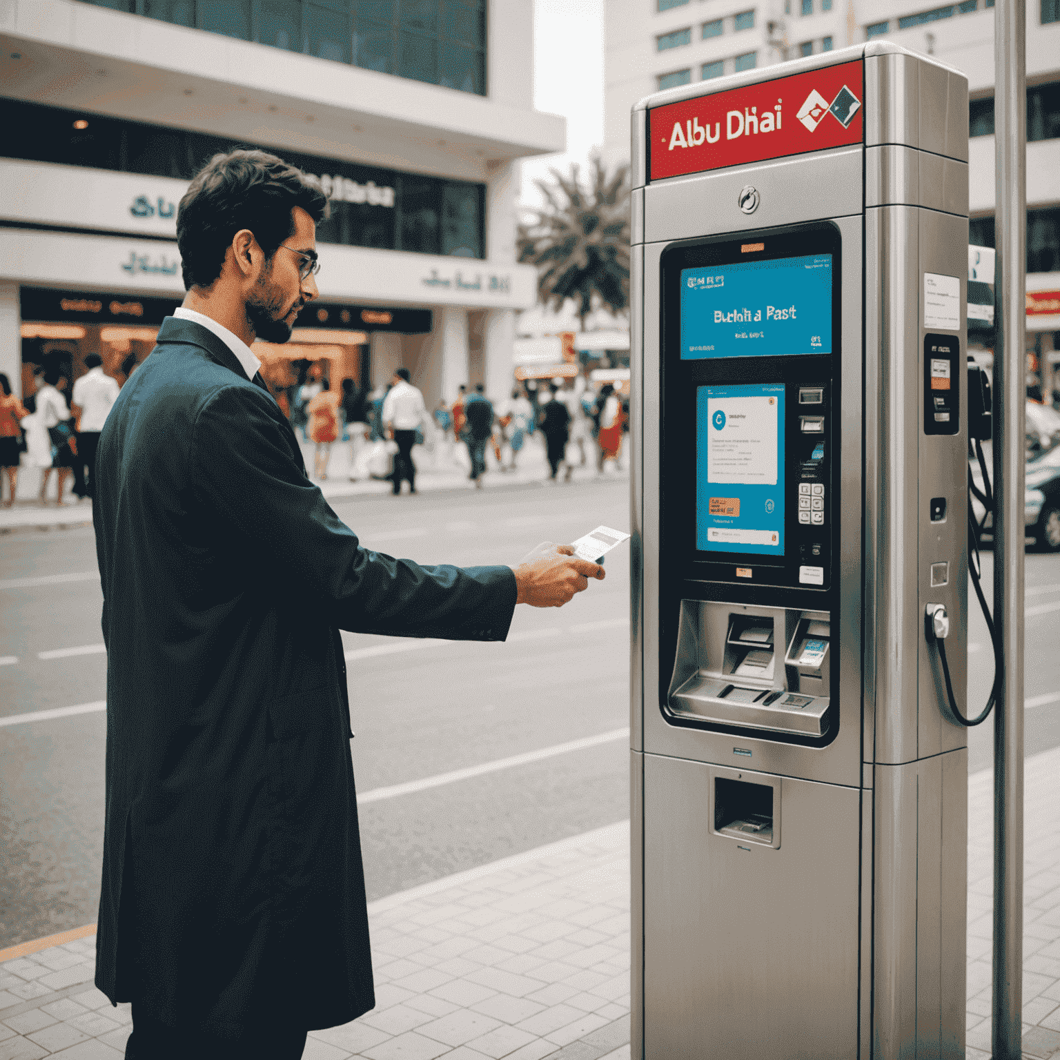 Person recharging their Abu Dhabi bus pass at a ticket vending machine, demonstrating the ease of topping up