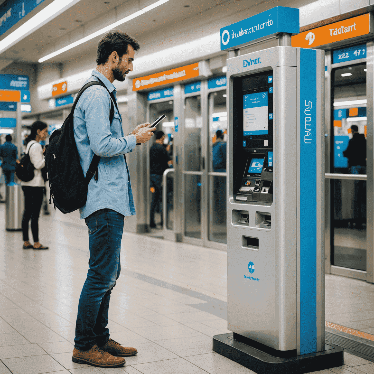 A tourist using a ticket vending machine to recharge their Nol card at a Dubai metro station