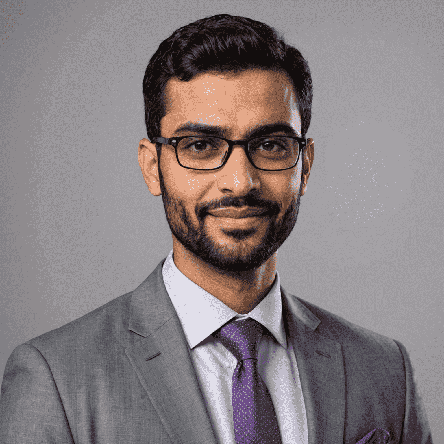 Portrait of Omar Khalid, Head of Customer Relations at TransportService. He is a man in his late 30s with a warm smile, short black hair, and glasses. He's wearing a light grey suit with a purple tie, embodying approachability and professionalism.