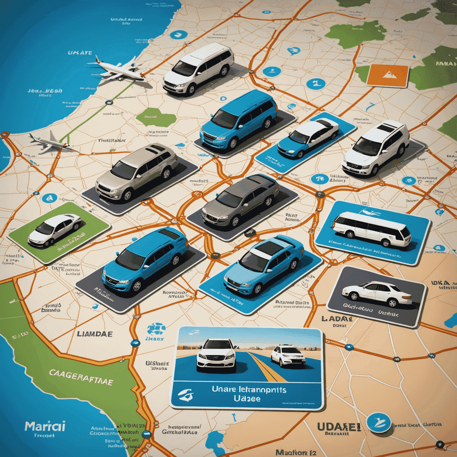 Various transport cards from different UAE emirates laid out on a map of the UAE