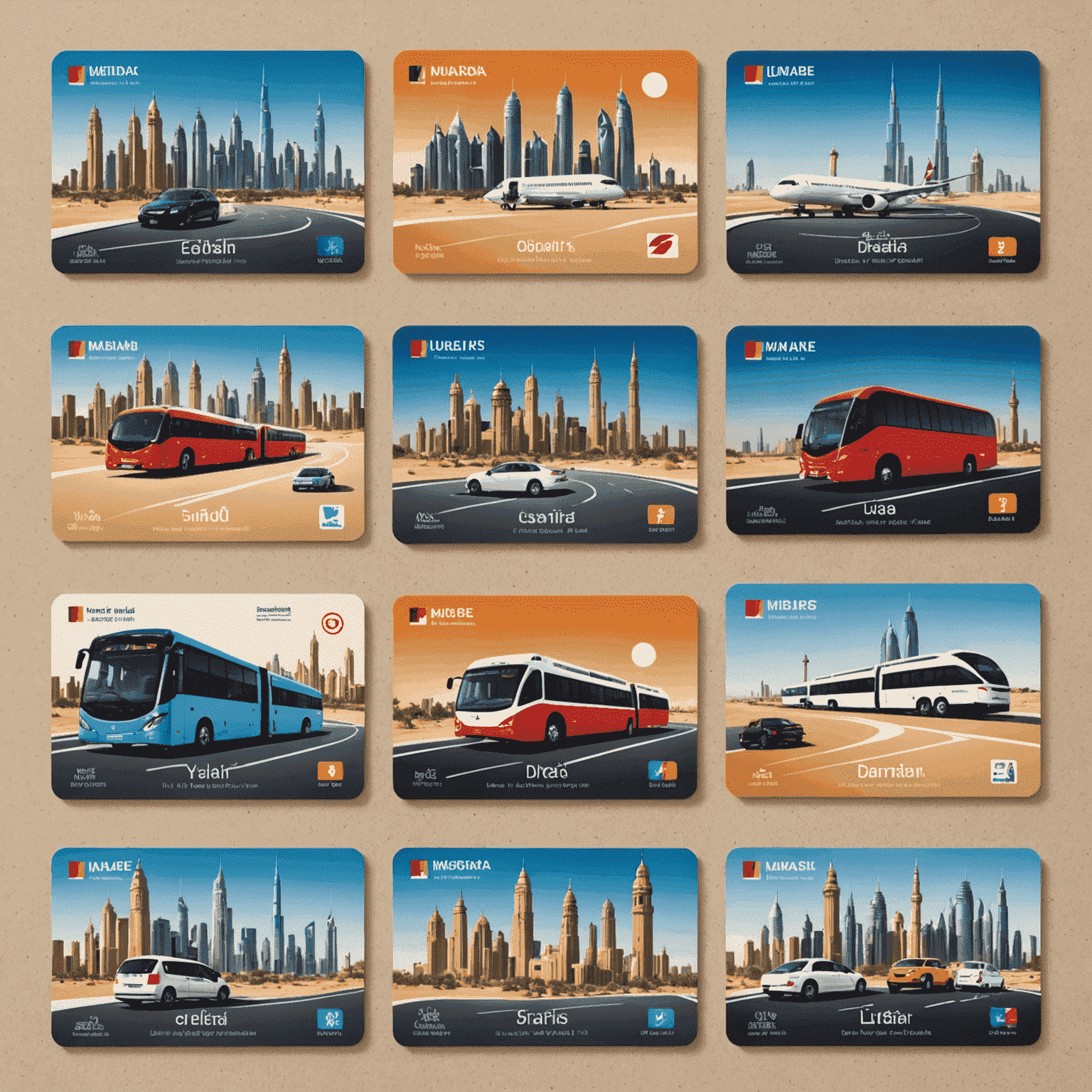 Various transport cards from different UAE emirates laid out for comparison, with iconic landmarks from each emirate in the background