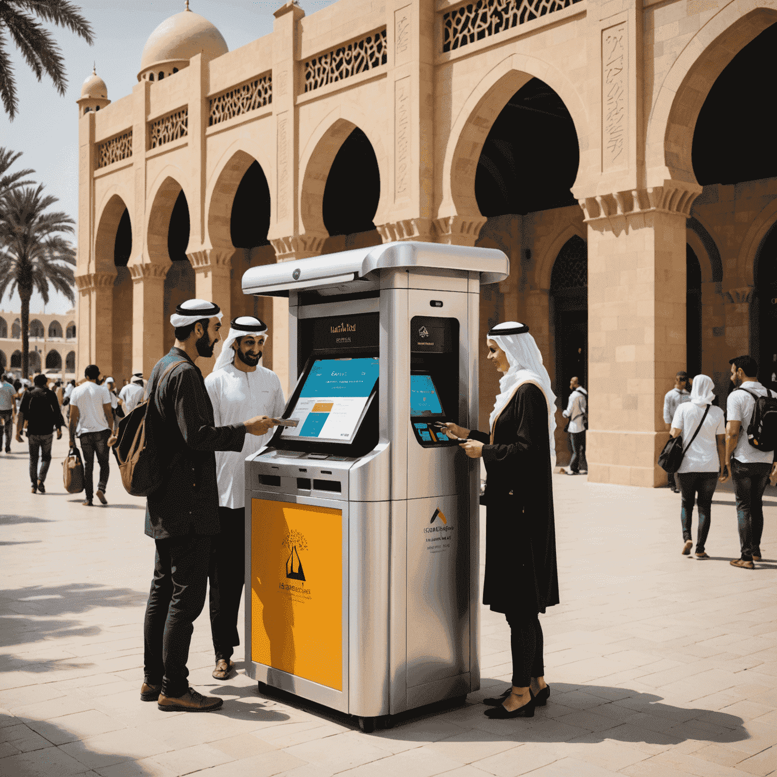 A group of tourists using a kiosk to top up their transport cards, with a mix of traditional and modern UAE architecture in the background